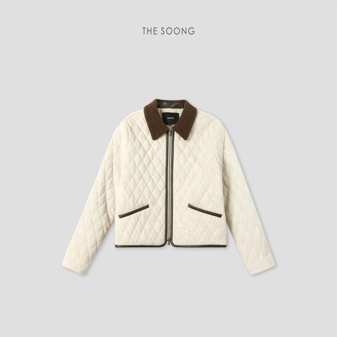 THESOONG|新款女装羊毛翻领撞色绒面棱格纹理棉服外套HBWT7904