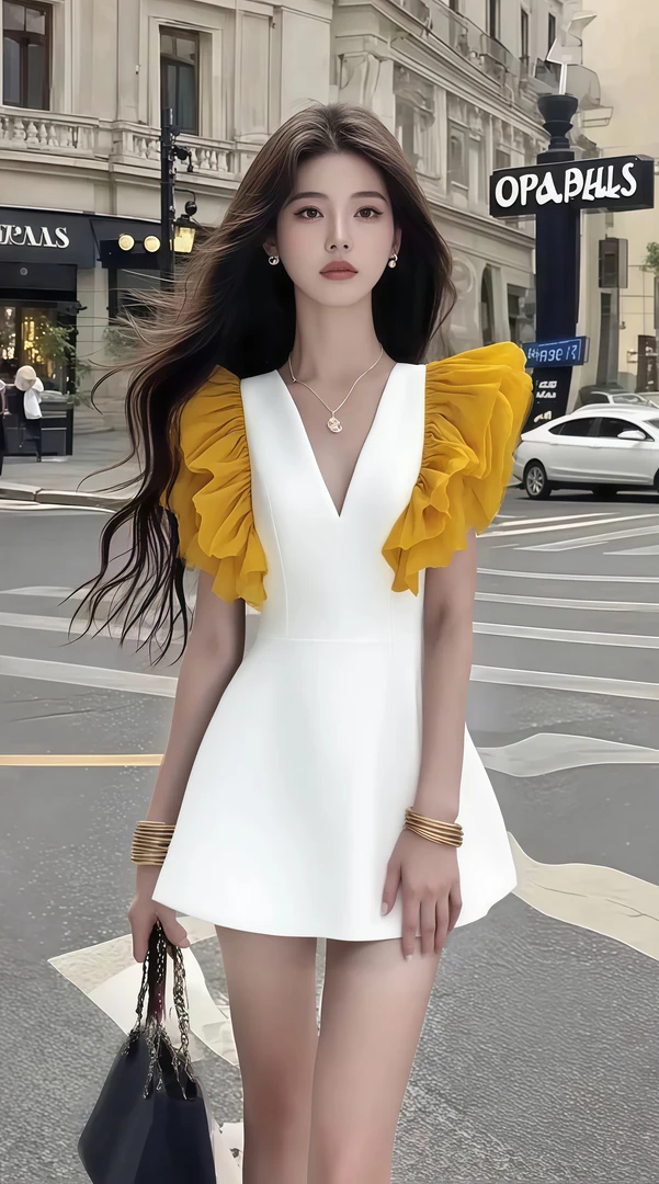 夏季新款温柔穿搭V领白色收腰黄袖连衣裙轻奢时尚小众高级氛围感