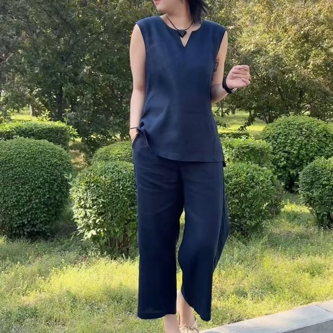 （两件套）818款亚麻坎肩阔腿裤套装‘卡码拍大’