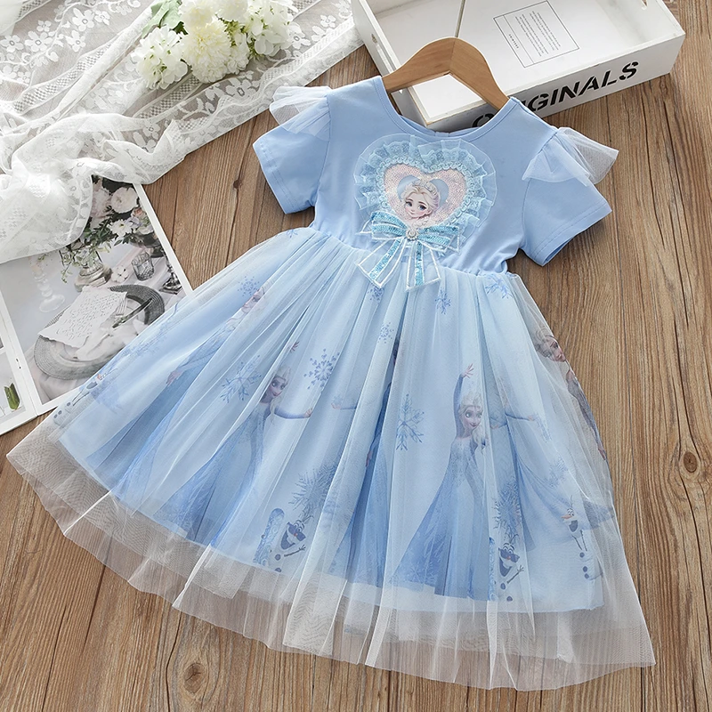 女童轻薄夏季爱莎公主裙  儿童装女孩棉布网纱艾莎连衣裙子2-8岁