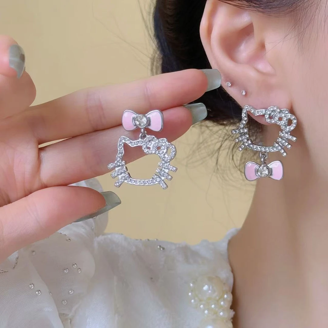铜合金铅玻璃耳饰 蝴蝶结镂空kt猫镶锆耳钉女小众甜美百搭耳饰女