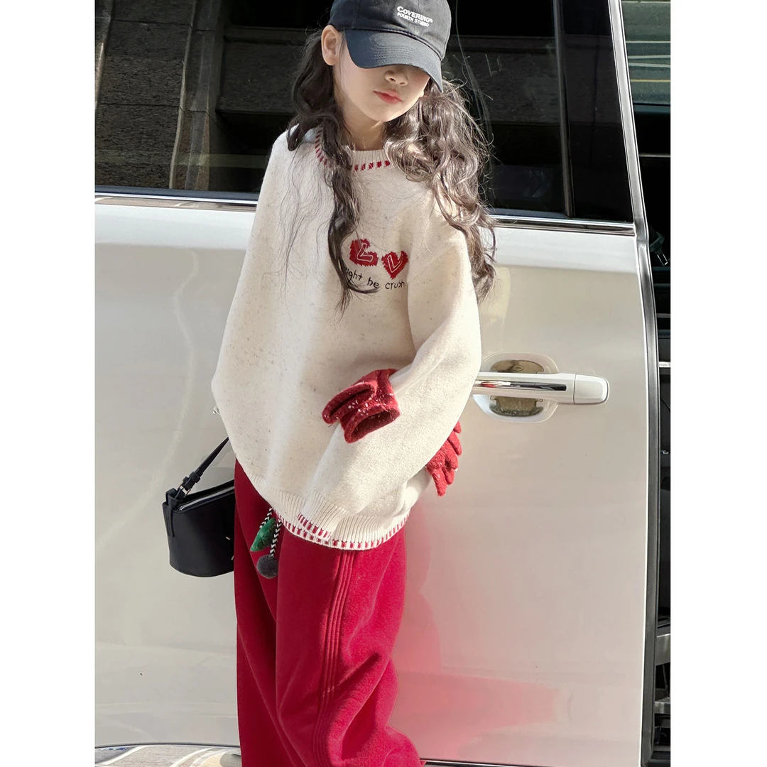 K30422爱心彩纱女童毛衣秋冬装儿童针织打底衫2025新款加厚上衣潮