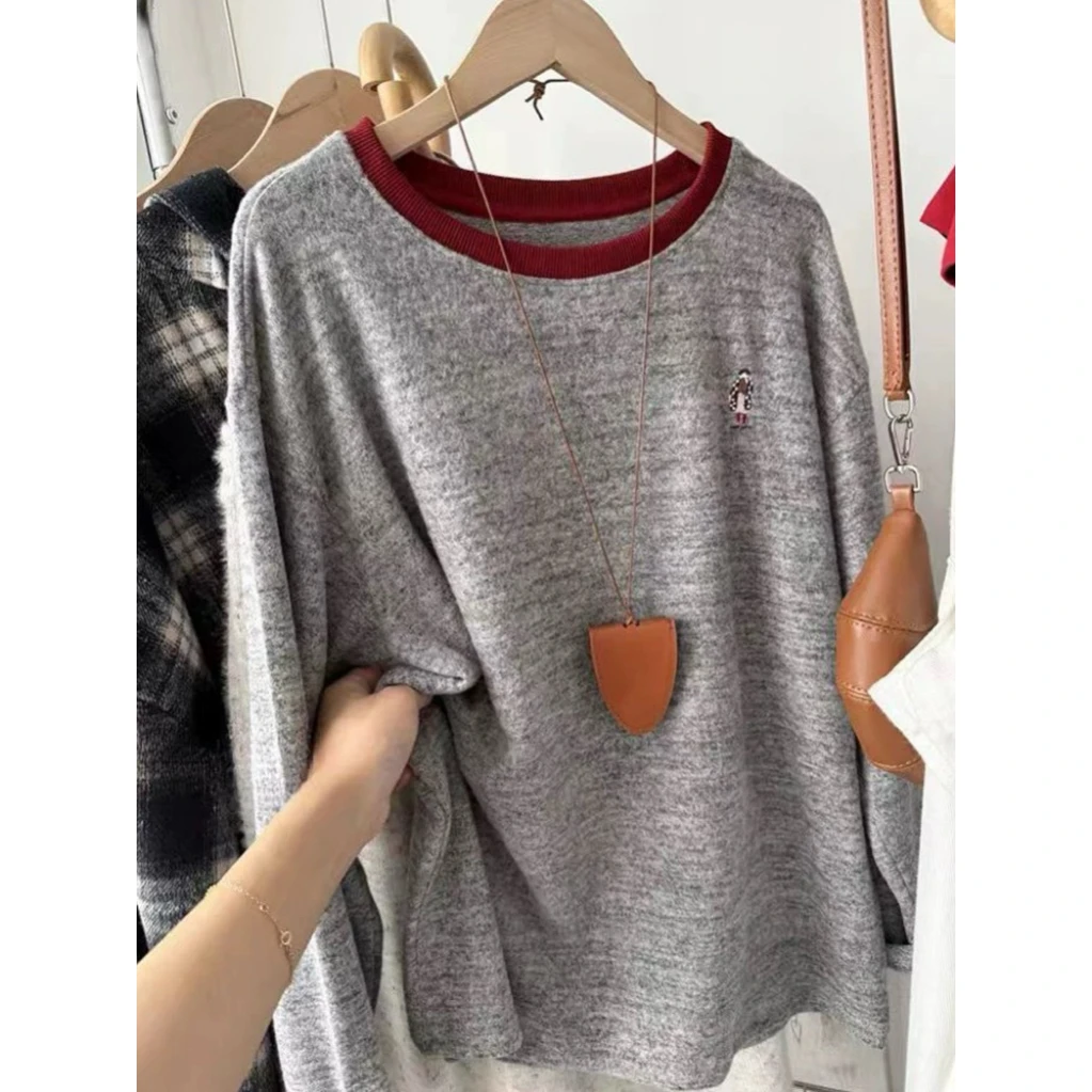 2673韩版刺绣人物图案仿羊绒刺绣宽松慵懒软软糯糯羊绒手感休闲