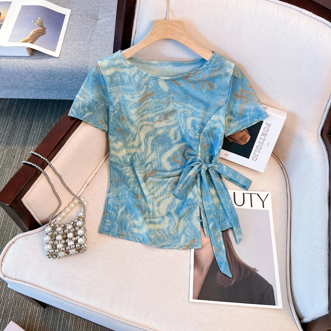 夏季新款网纱短袖T恤女百搭罩衫蝴蝶印花气质绑带设计感防晒上衣