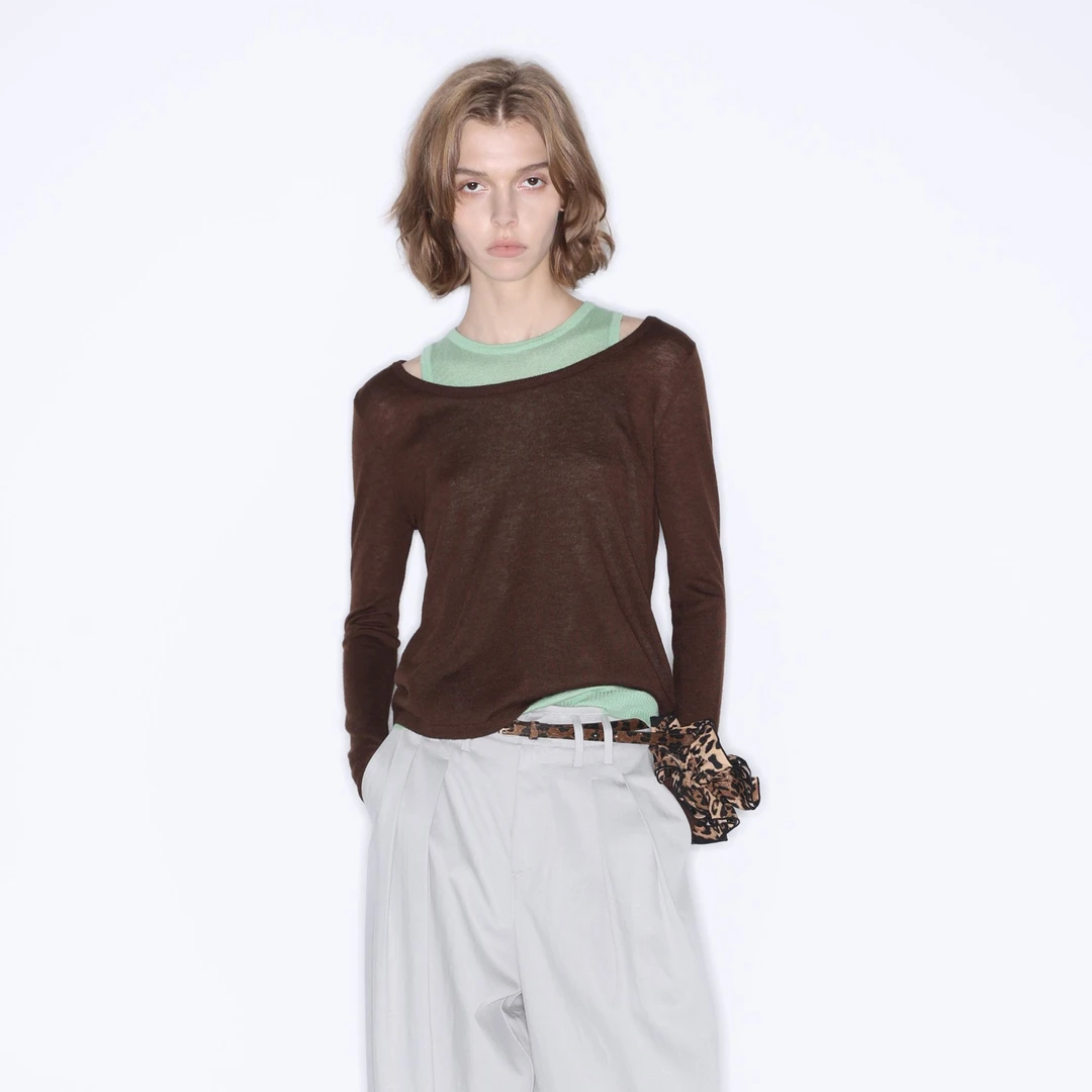 JDE「美拉德色系」秋冬拼接假两件长袖针织衫休闲设计感显瘦上衣