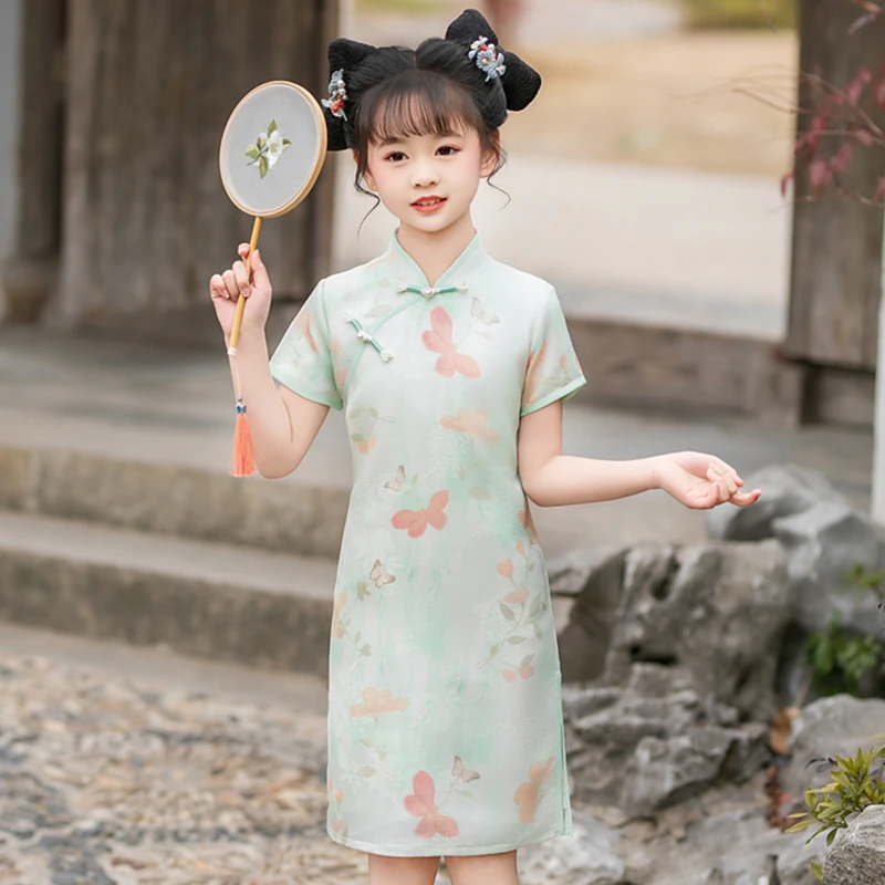 旗袍女童夏季新款儿童中国风连衣裙小女孩古风汉服古筝六一演出服