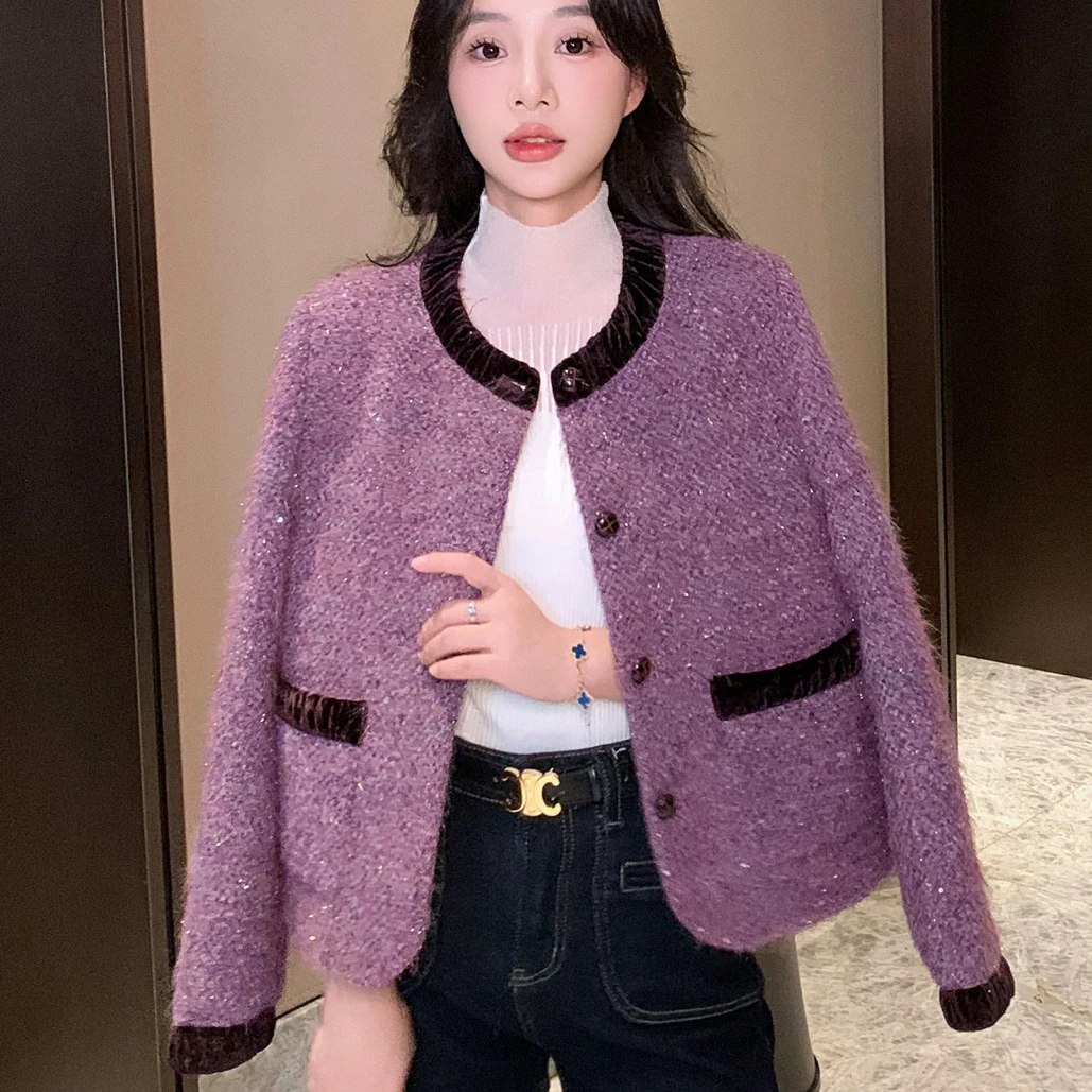 冬季新款韩版丝绒拼接亮片羊毛呢夹棉外套女高级感洋气小香风上衣