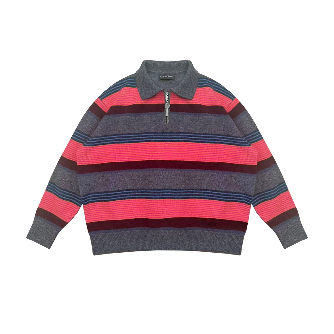 MASONPRINCE 撞色不规则条纹polo领毛衣