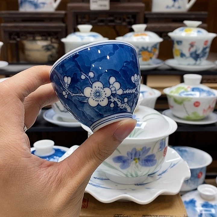让***眠手绘冰梅杯子60cc釉下彩微瑕福利款