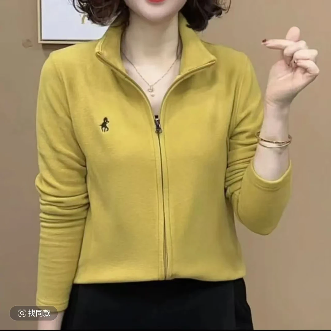 洋气百搭气质拉链刺绣长袖纯色开衫显瘦长袖女上衣