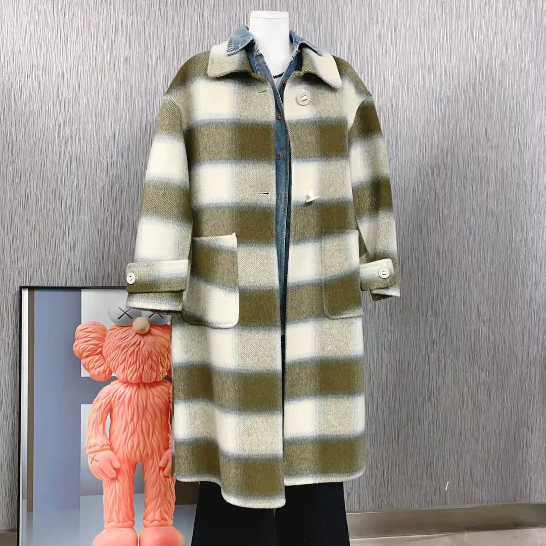 欧货格子圆领撞色白色长袖衬衫女秋装新款韩版宽松大码上衣SC076#