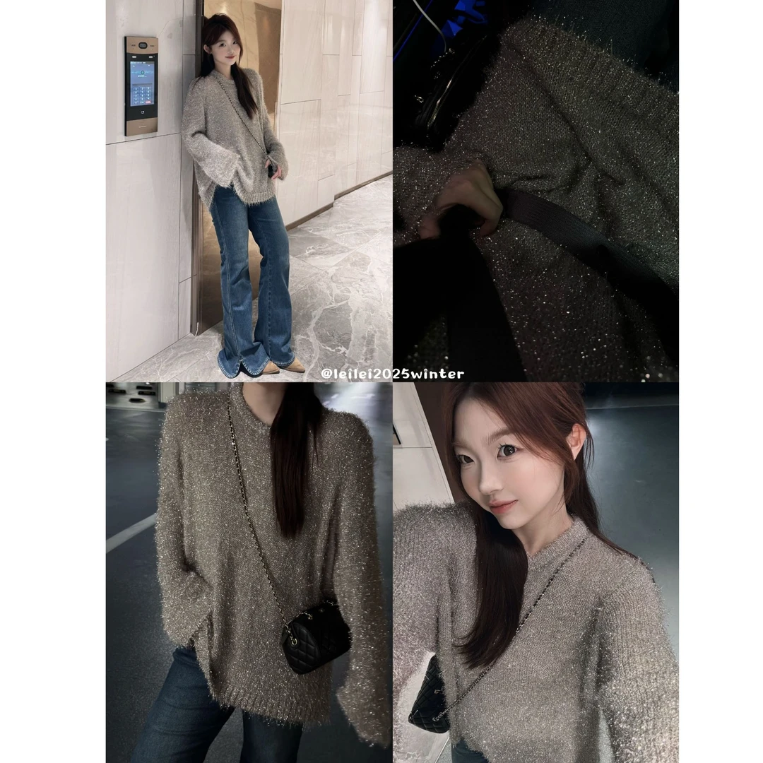 晶咕【欲望都市】重工气质亲肤亮丝圆领宽松套头毛衣百搭