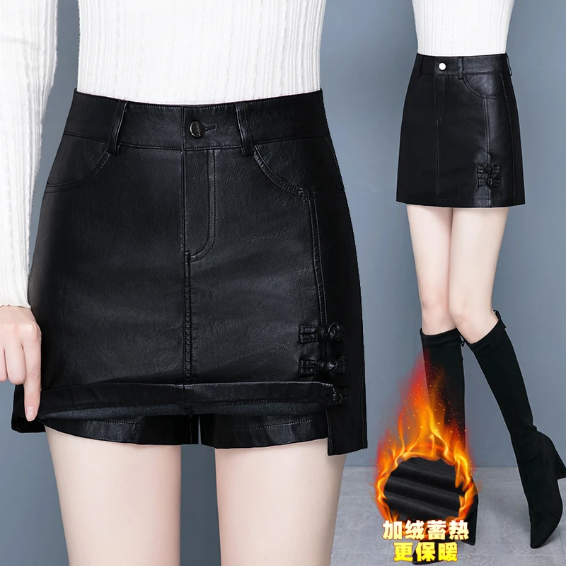 艾格皮短裤女秋冬季2025新款皮裤裙高腰显瘦加绒外穿a字阔腿裙裤