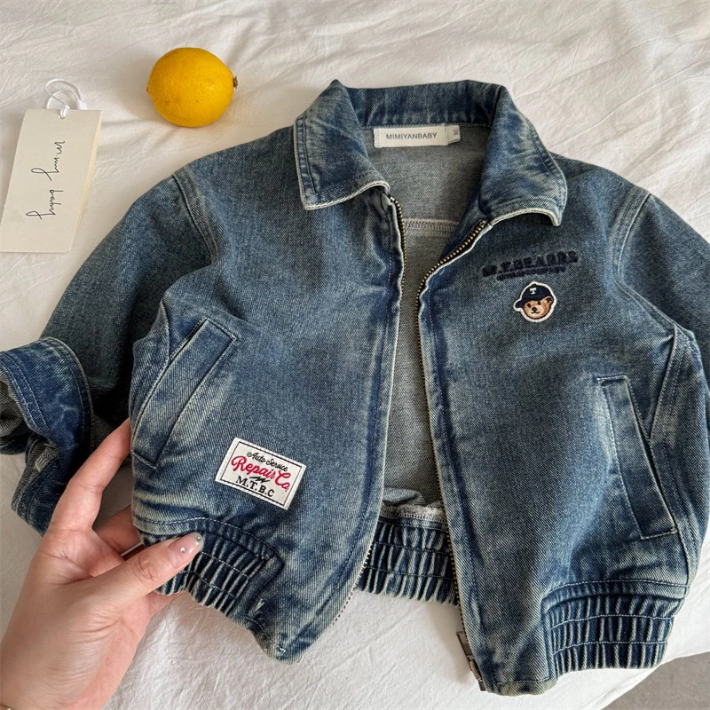 韩系订单款2025秋季新款潮宝做旧小熊牛仔夹克/男女宝中性风
