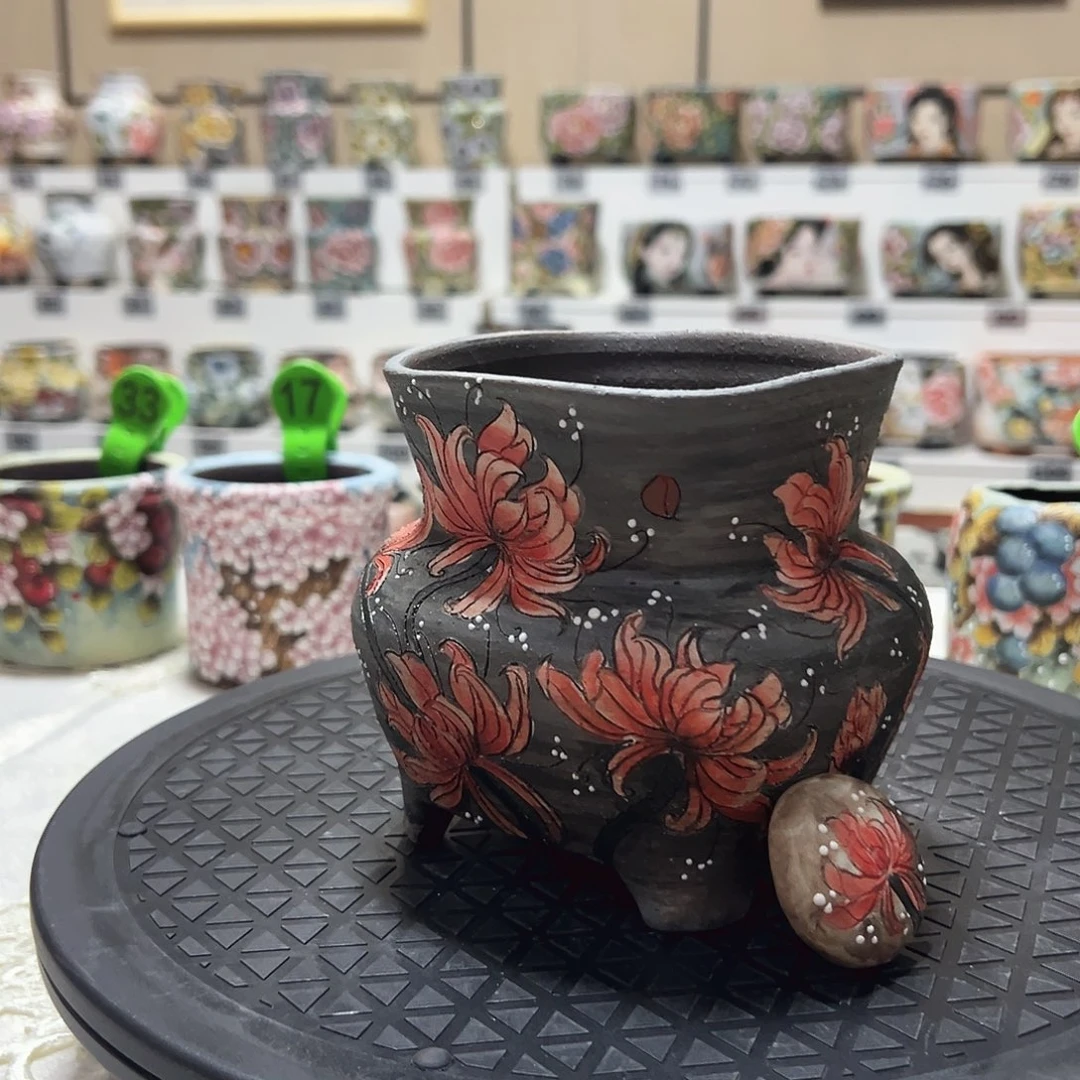 手绘陶瓷花盆口10高12