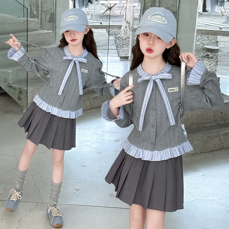 女童春秋开衫百褶裙套装2025新款女孩洋气大童春季公主短裙两件套