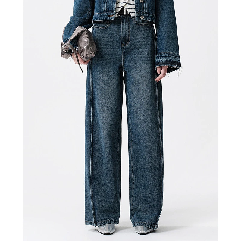 D63春游出行女装气质牛仔裤直筒阔腿水洗中高腰拖地裤)5F1K77121