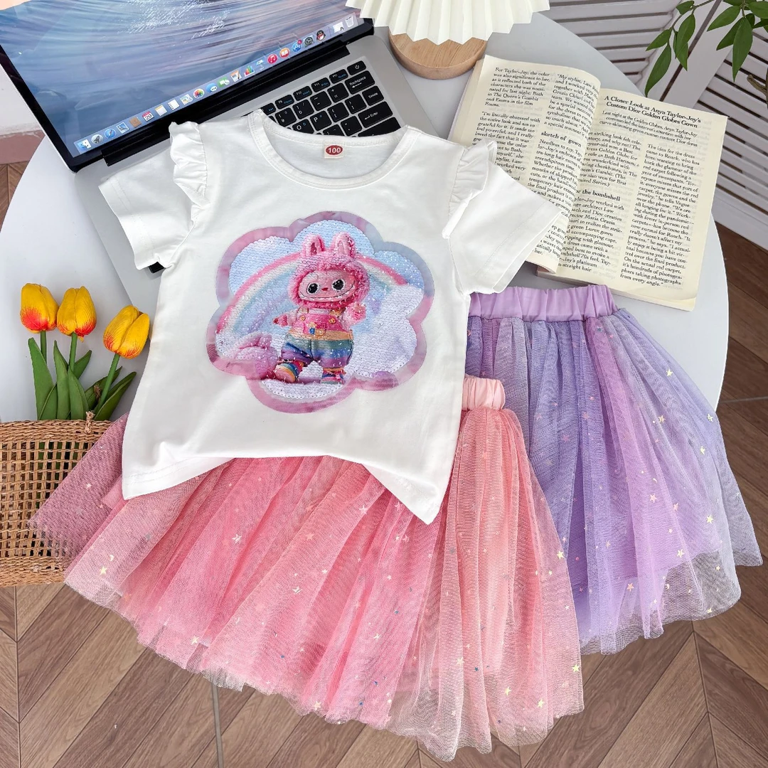 新款女童套装夏装短袖双面亮片儿童t恤可爱百搭小飞袖上衣两件套