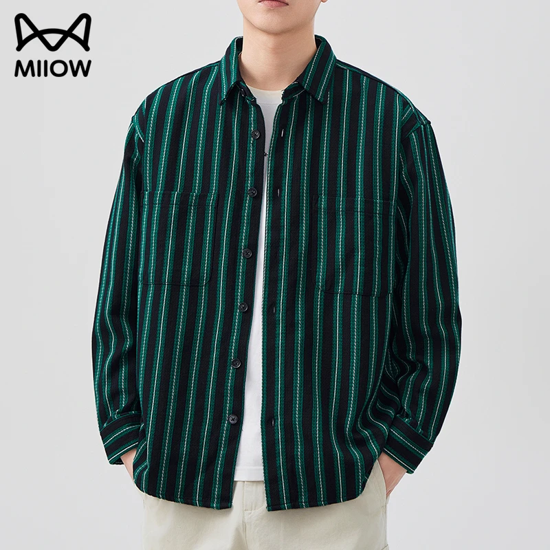 猫人男士宽松条纹长袖衬衫提花条纹美式复古秋冬季轻奢痞帅上衣服