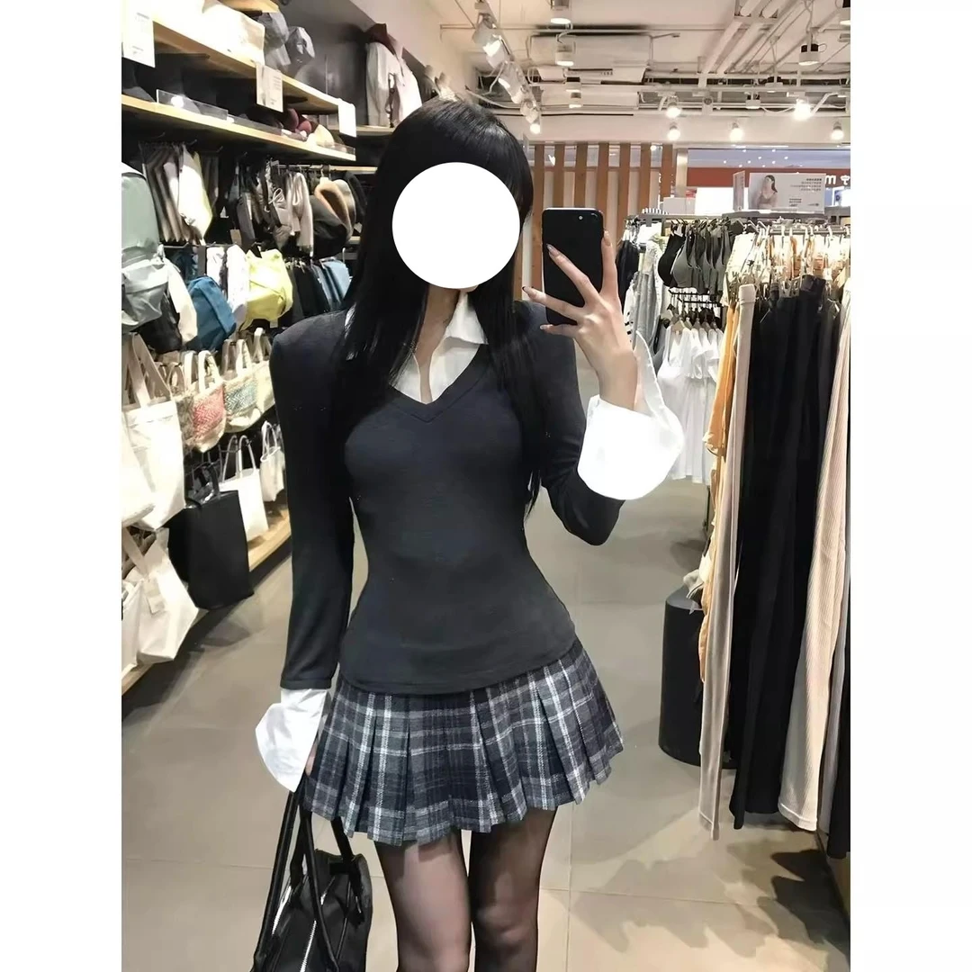 秋季学院风灰色拼接衬衫领假两件上衣辣妹喇叭收腰显瘦长袖打底衫