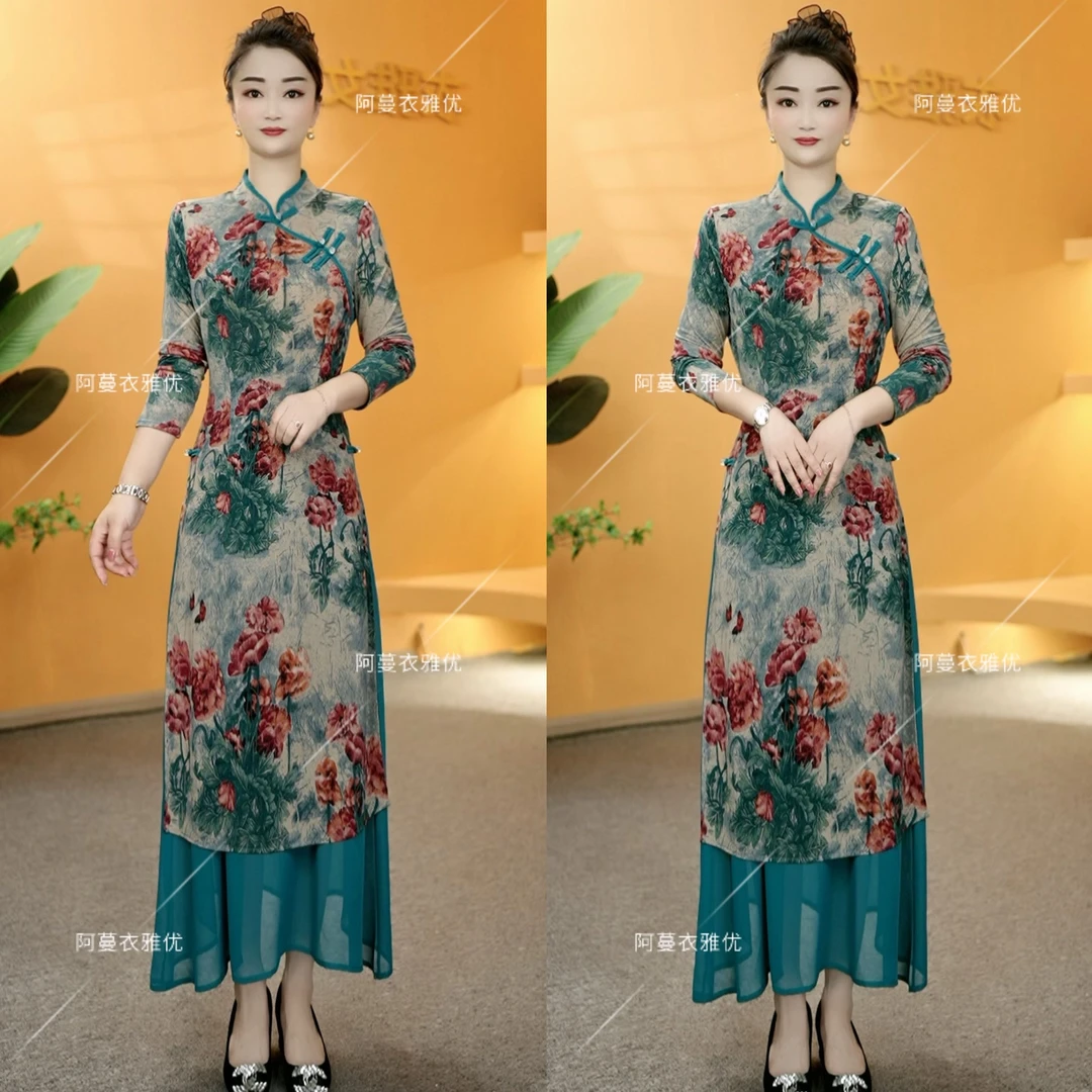 【衣雅严选】8222-2156#新中式冰羽丝旗袍裙加桑丝纱半身裙两件套