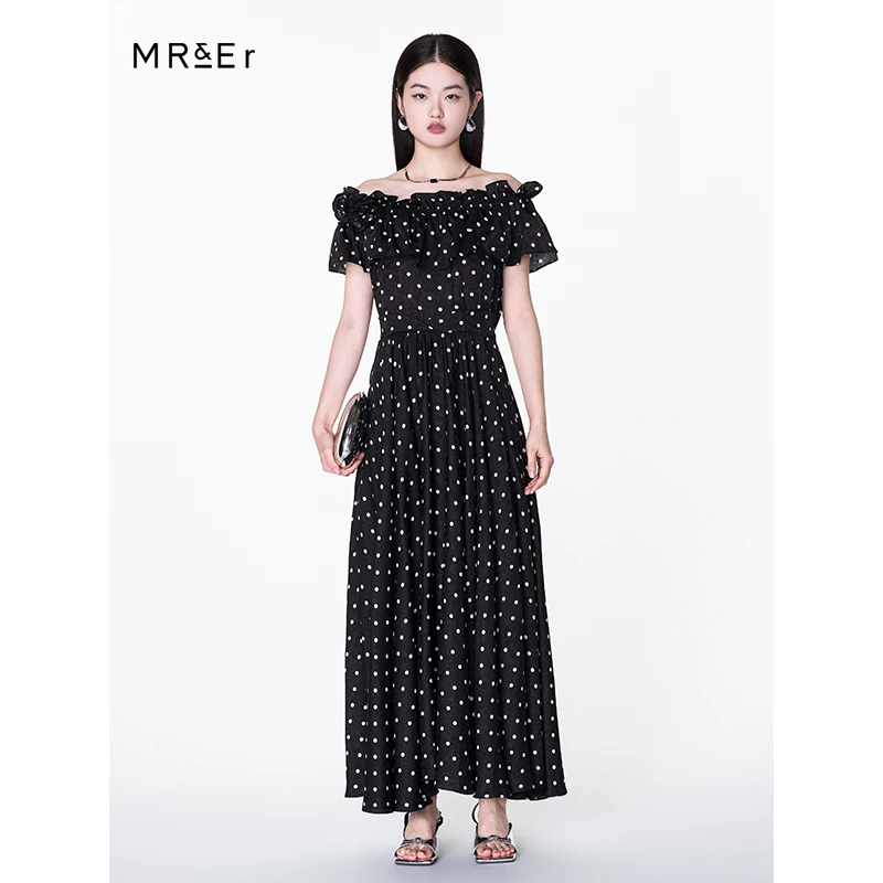 【粉丝专享】法式波点连衣裙中长款一字肩收腰时尚裙子R4B95063
