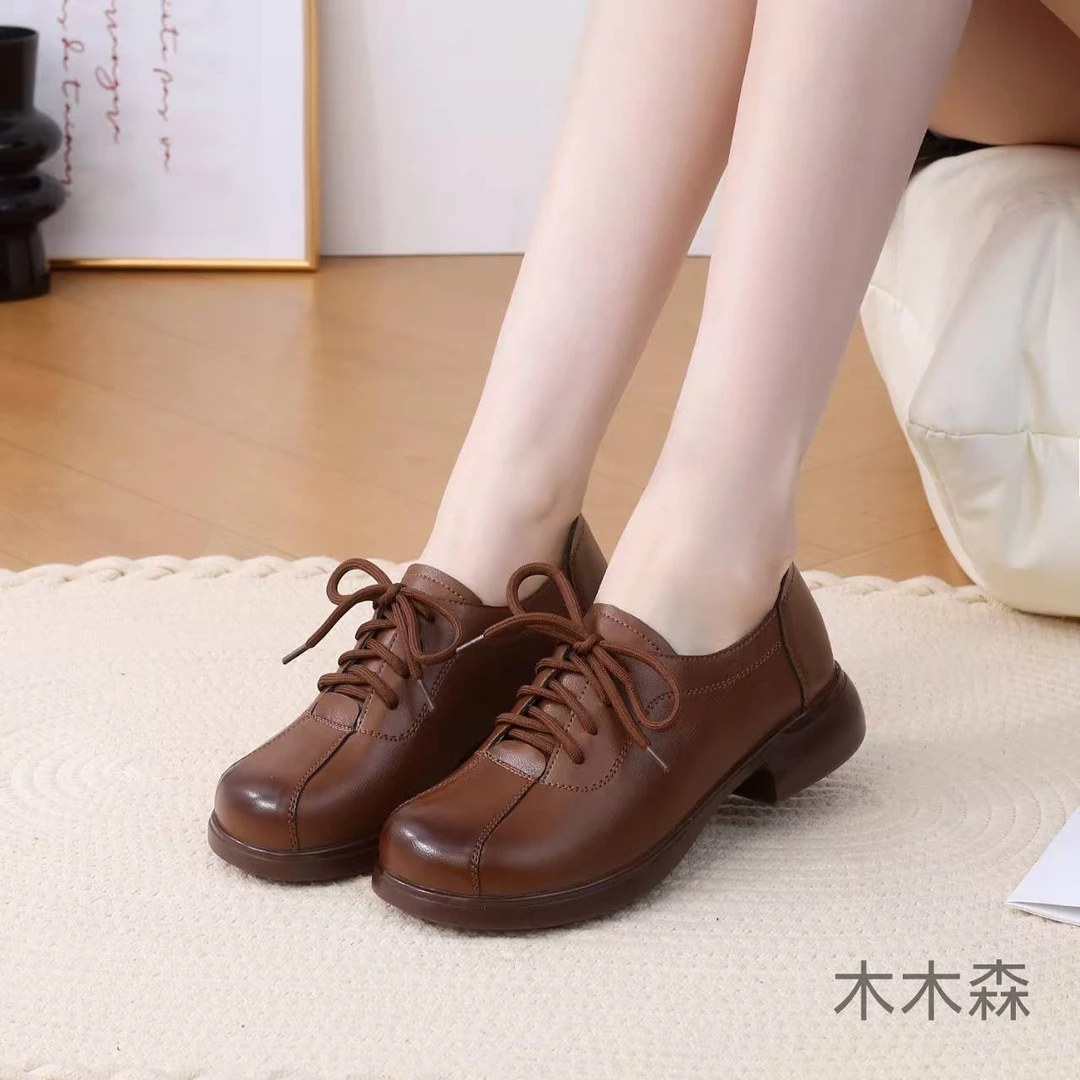 2025春季新款软底软面防滑低跟系带单鞋舒适休闲百搭圆头女鞋6086
