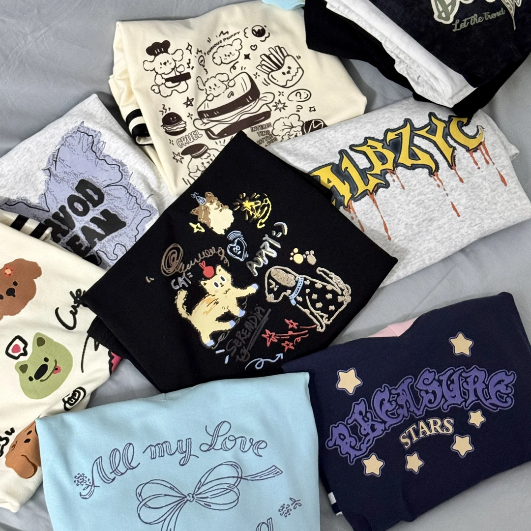 95棉正肩短袖修身圆领V领T恤夏季百搭辣妹印花ins甜美上衣