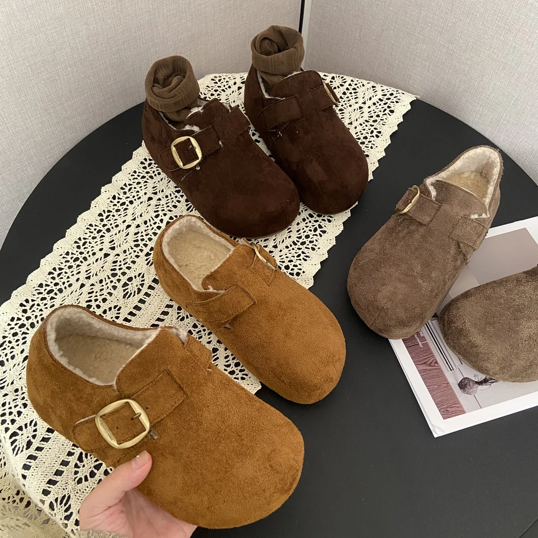 秋冬季新款勃肯鞋女加绒保暖防滑增高小个子魔术贴一脚蹬乐福鞋女