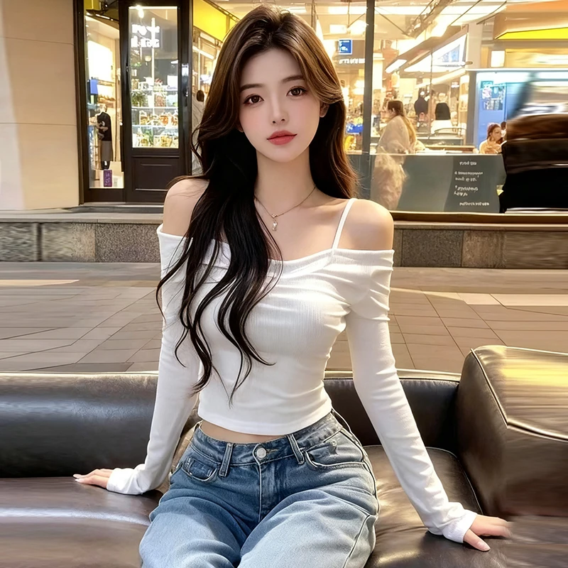 纯欲性感风一字领上衣女秋季新款法式设计感小众露肩吊带长袖t恤