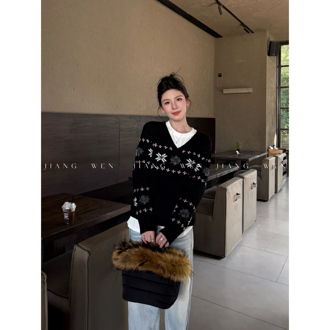 【约菲尔】老钱风复古拼色棱形撞色图案宽松毛衣