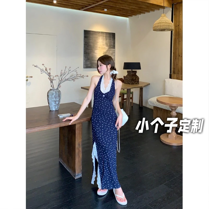 150小矮个子碎花蕾丝连衣裙女夏季海边度假中长款开叉挂脖吊带裙