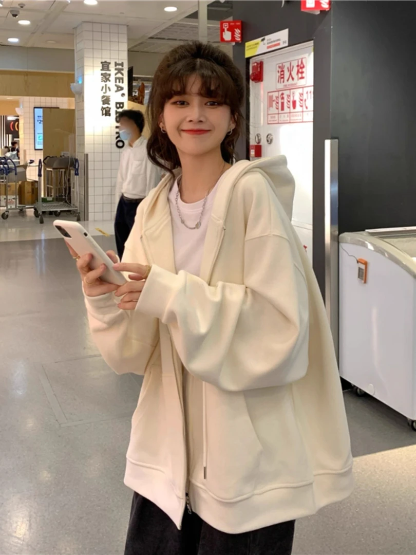 即墨韩版奶fufu卫衣外套女春秋慵懒风拉链开衫加绒加厚宽松连帽潮