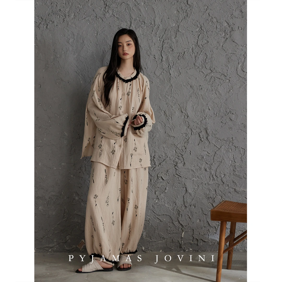 【设计师款】俏薇妮睡衣女春秋纯棉纱布带胸垫长袖宽松家居服套装