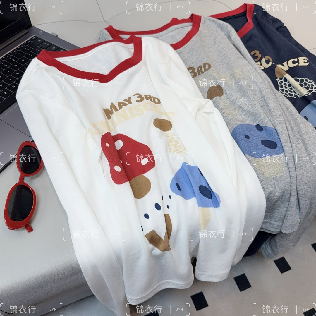 【彩色蘑菇】2025春秋新款韩版正肩显瘦圆领长袖T恤时尚百搭上衣