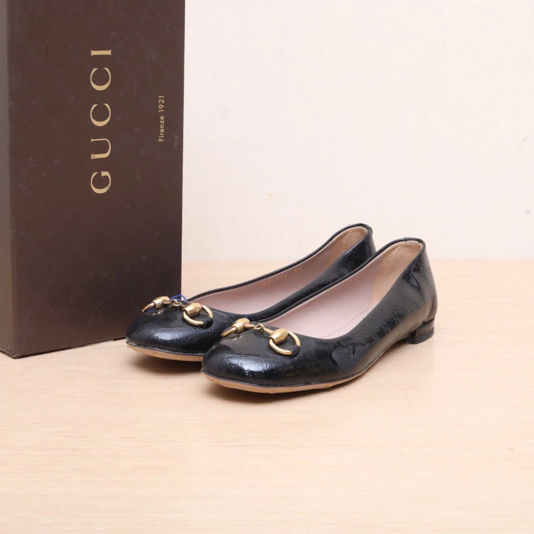 95新 GUCCI/古驰 【lu】 黑色 漆皮 马衔扣 平底鞋 35 P215664956
