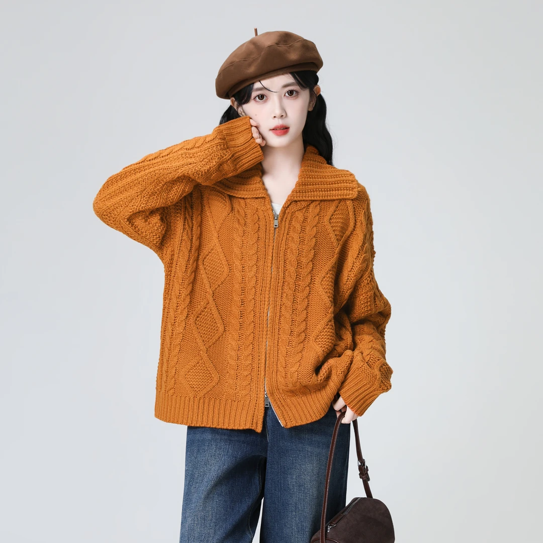 双拉链麻花毛衣外套女秋冬2025秋季新款复古加厚翻领针织开衫上衣