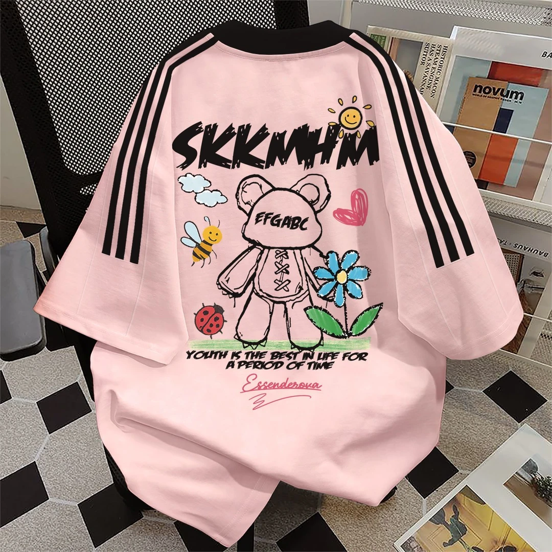 100%纯棉可爱甜美慵懒风圆领短袖t恤男女夏季宽松学生情侣上衣服