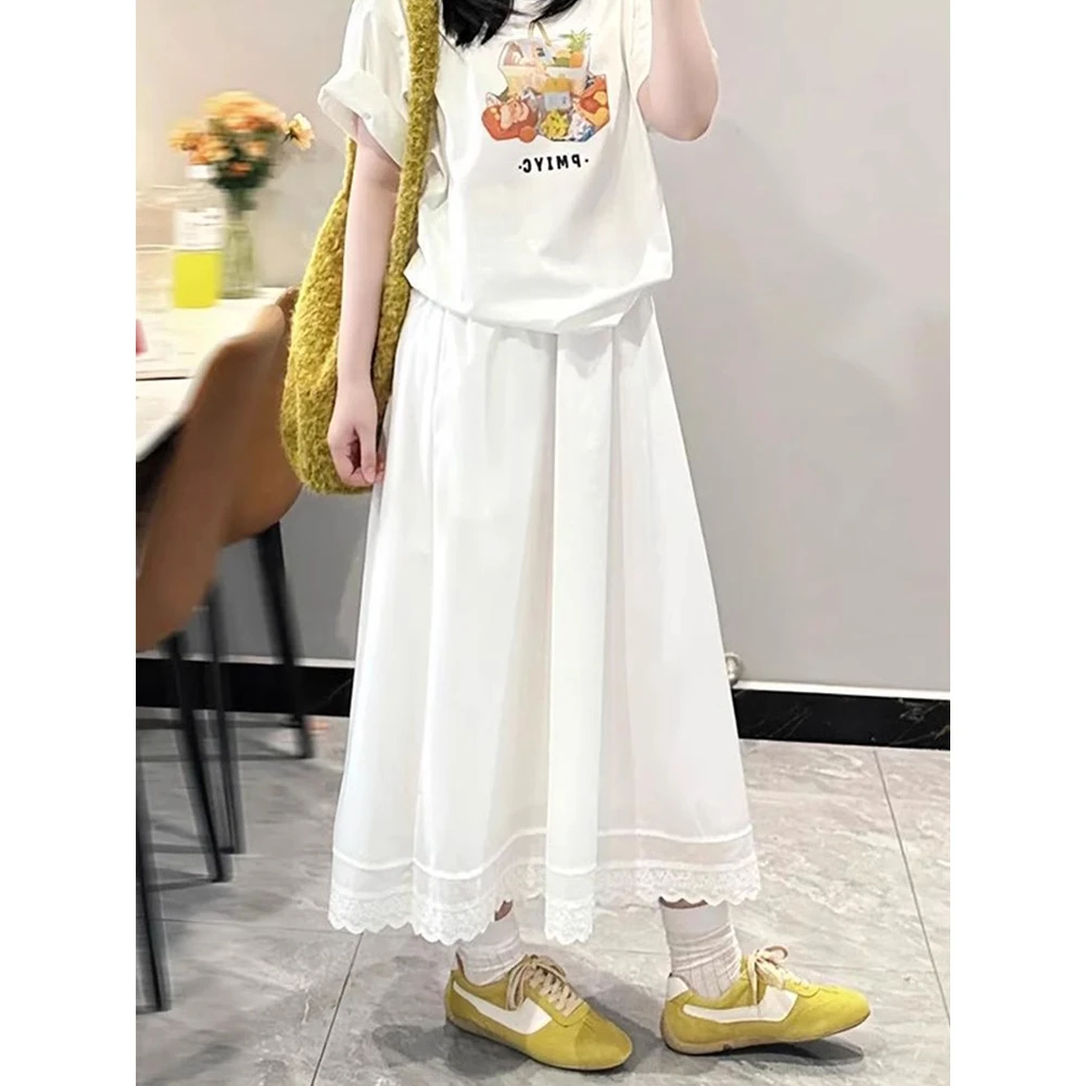 白色半身裙长款蕾丝拼接花边a字裙大码胖mm显瘦遮肚梨形身材伞裙