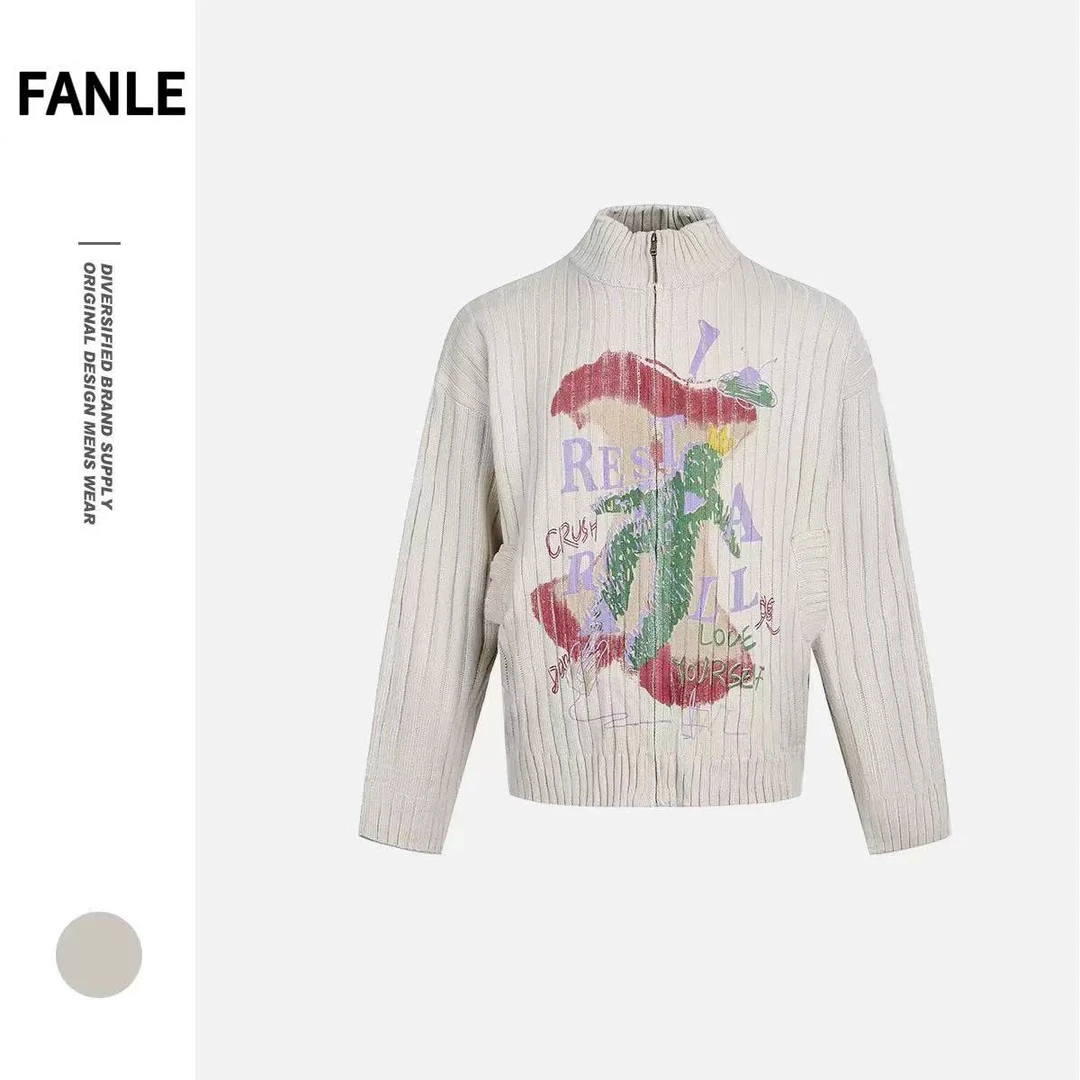 FANLE秋冬新款美式潮牌休闲开衫毛衣男女情侣款立领时尚针织衫