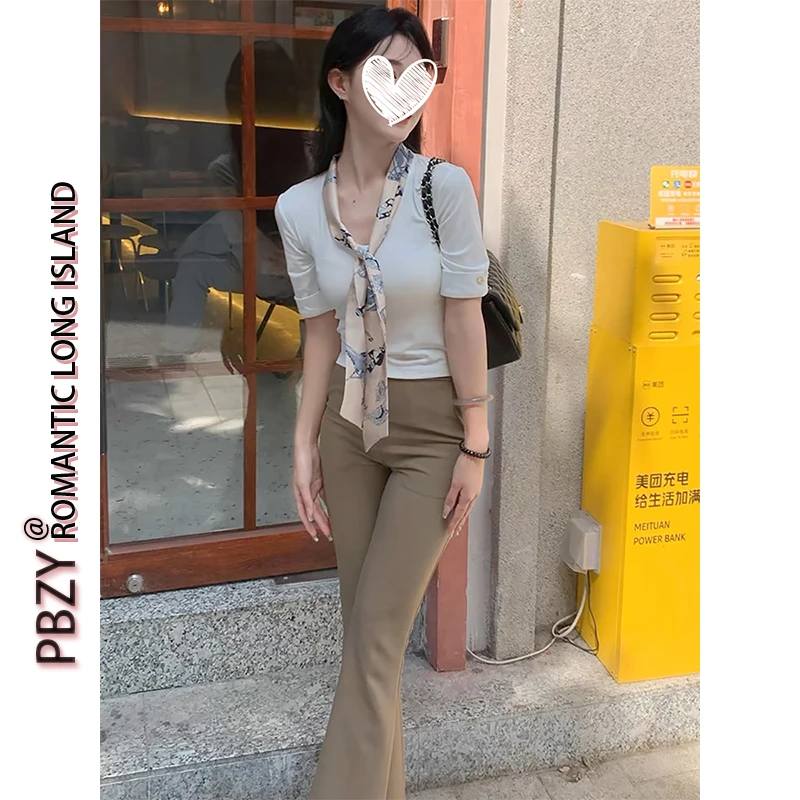 V领飘带围巾上衣女OL气质五分袖打底衫纯欲风韩系女主T恤  6655#