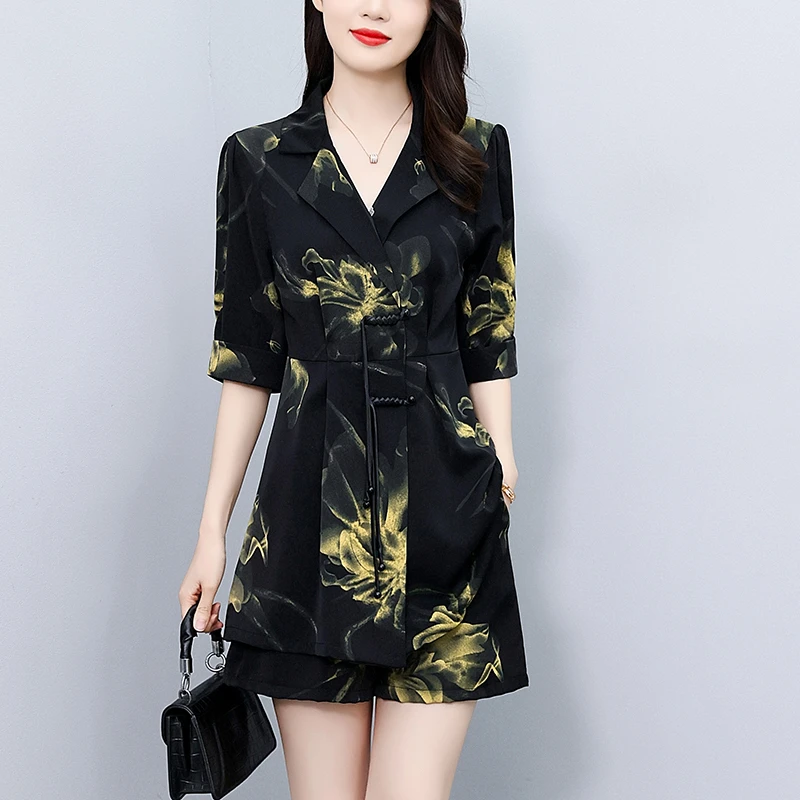 时尚职业气质新中式印花西装裙短裤套装女夏季胖mm洋气显瘦两件套