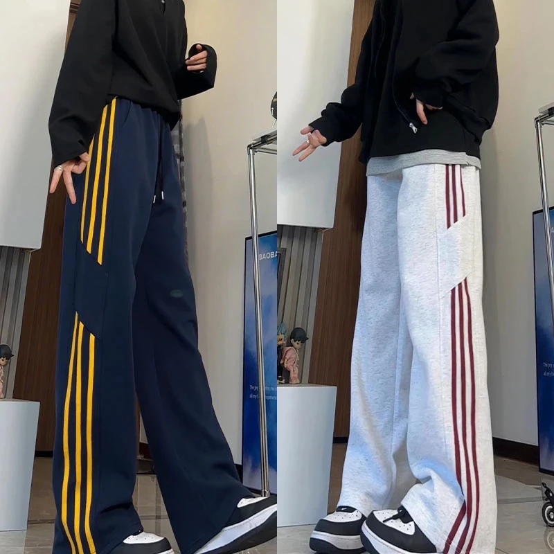 春季条纹美式裤子男宽松大码休闲显瘦直筒阔腿长裤卫裤百搭运动裤