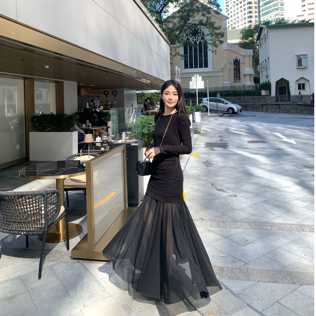 周淼ZHOUMIAO网纱拼接假两件针织连衣裙优雅气质长裙女ZM24L3175K