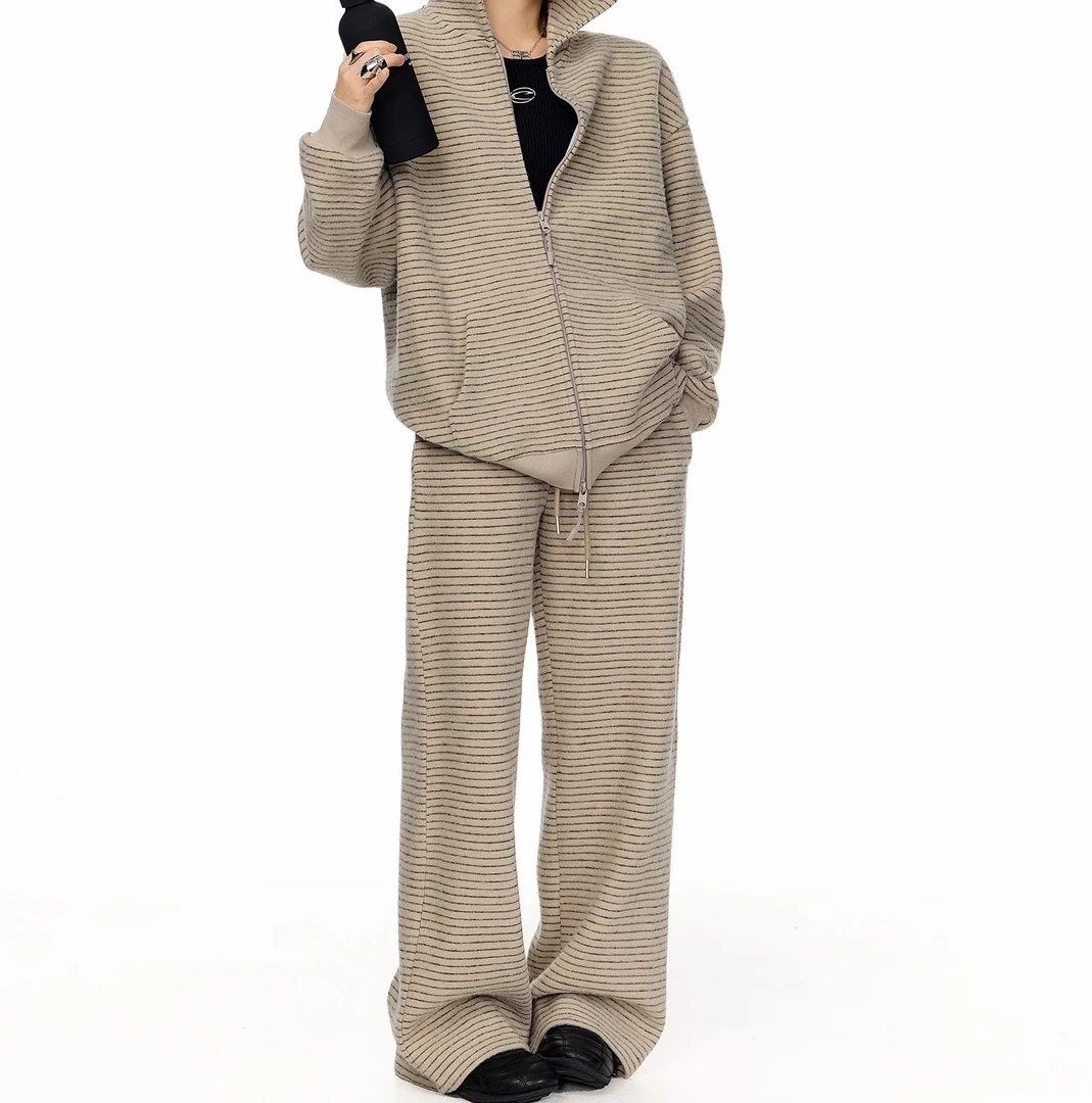 加绒毛巾底套装卫衣开衫➕卫裤慵懒风休闲条纹套装