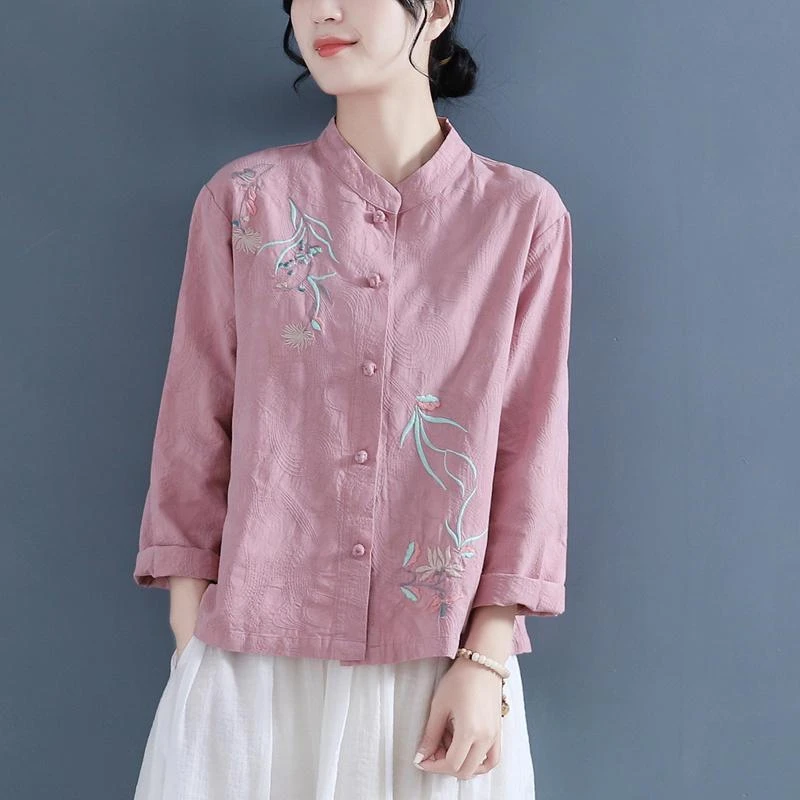 2025中国风刺绣棉衬衫复古盘扣长袖女上衣薄款夏季立领民族风宽松