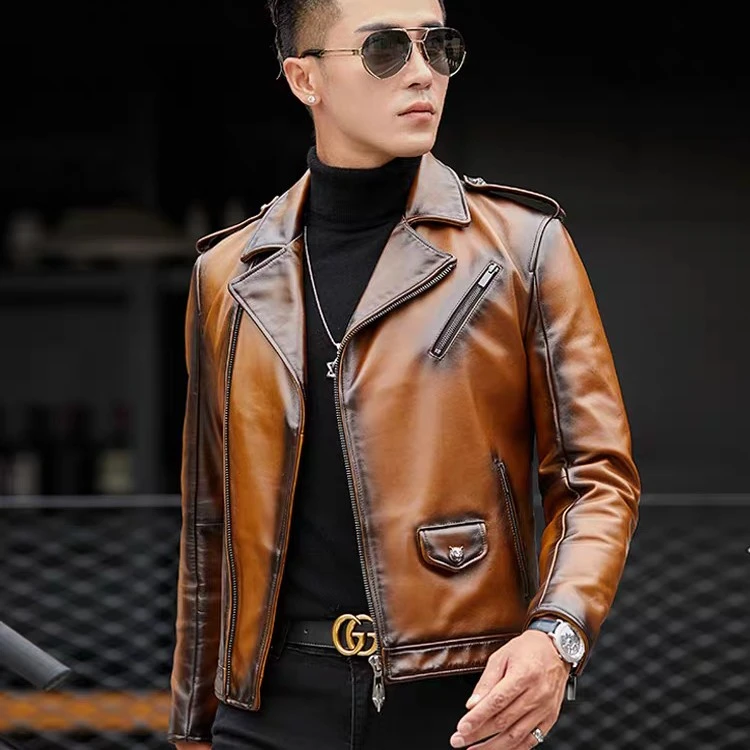2025新款男士皮衣真皮夹克男牛皮短款复古撞色青年机车服薄款潮
