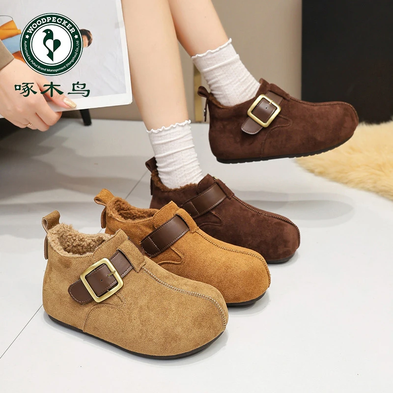 啄木鸟厚底加绒勃肯鞋女冬季丑萌面包雪地棉鞋保暖高帮豆豆雪地靴