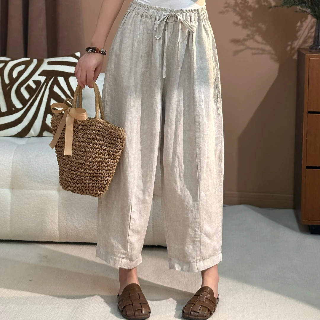 漫漫家【百搭神裤】100%砂洗亚麻非遗服饰新款高腰宽松大码九分裤