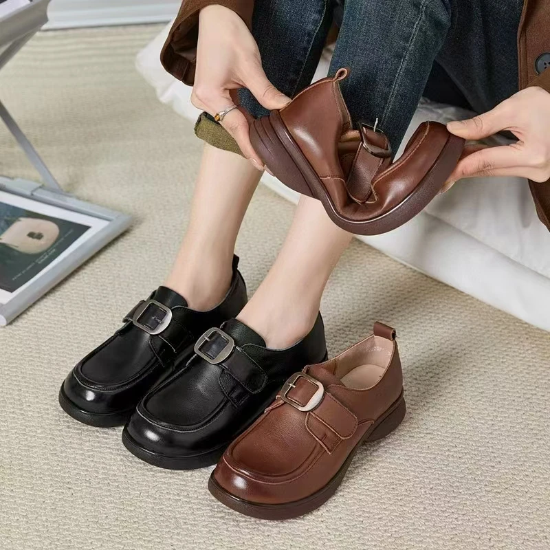 春季时尚百搭休闲软底乐福鞋女舒适复古头层牛皮豆豆鞋工作鞋